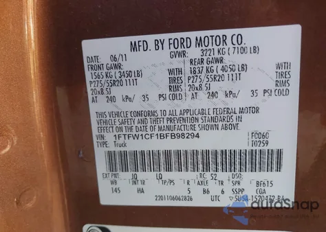 2011 Ford F-150 Lariat from USA, damaged, VIN 1FTFW1CF1BFB98294